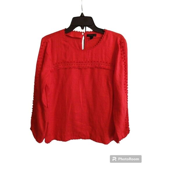 J crew 100% linen  long sleeve embroidered top  Sz 6 Boho Feminine Cottage Core - Picture 1 of 10